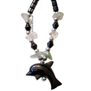 Dolphin Pendant Hematite Necklace / Dolphin Stone Chip Metallic Bead Necklace